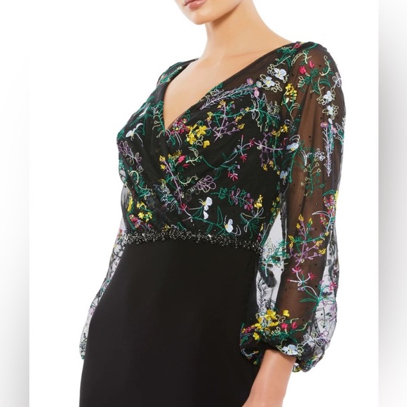 Mac Duggal Embroidered Illusion Puff Sleeve Column Gown Floral Black, SIZE 10 - Picture 3 of 12